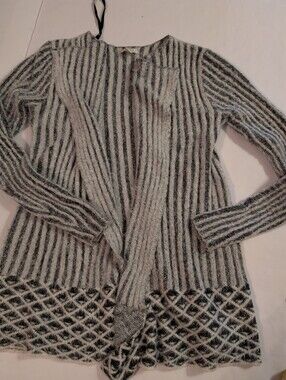 Cato Gray and White Open-Front Striped Cardigan Small